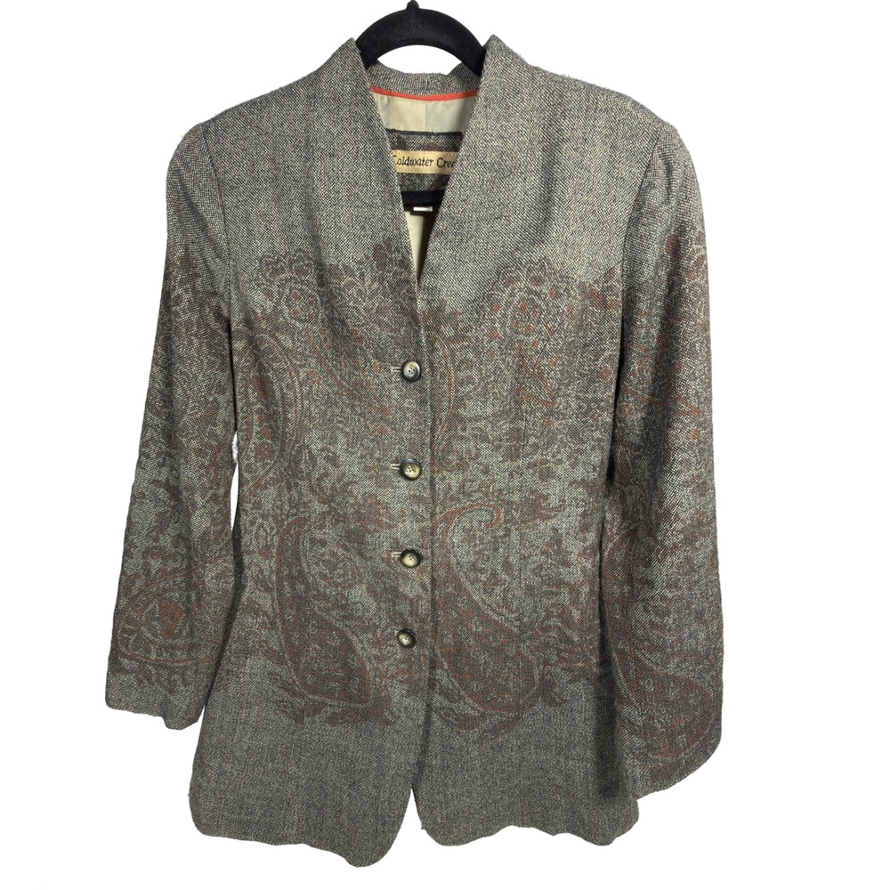 Coldwater Creek Blazer 12 Womens Paisley Print Wool Blend Tweed Jacket Gray Tan